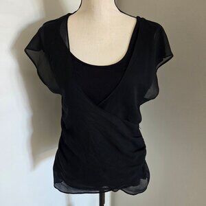 Gap Womens Top Medium Black Short Sleeve Sheer Overlay Zip Dressy Wrap